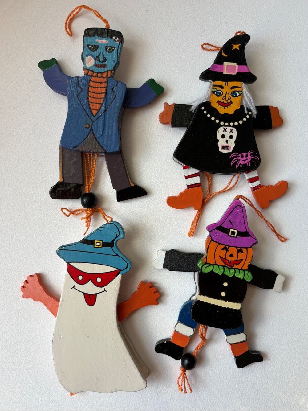 Vintage Halloween Pull String Wooden Ornaments Lot of 4
